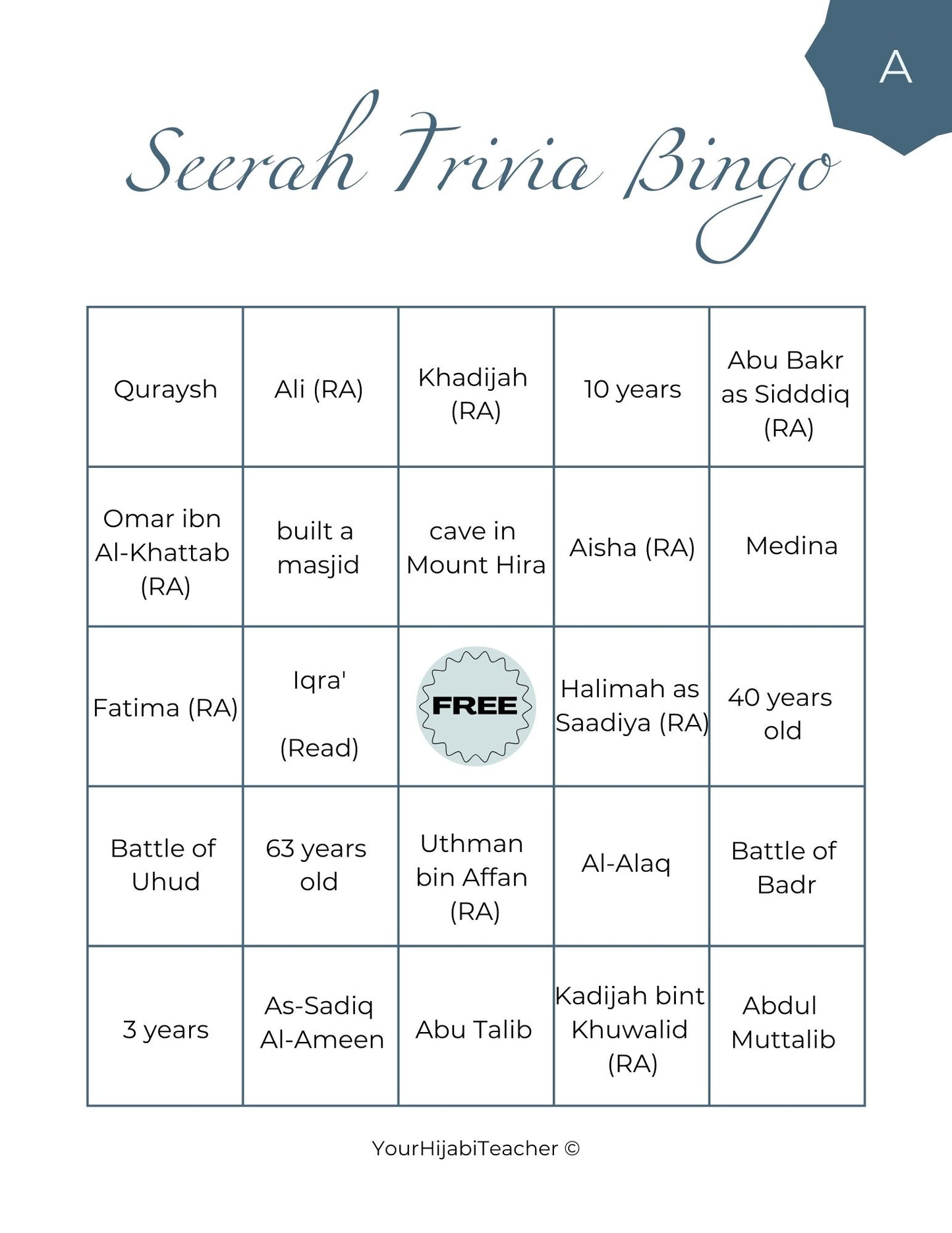 Seerah Trivia Bingo - With Flashcards