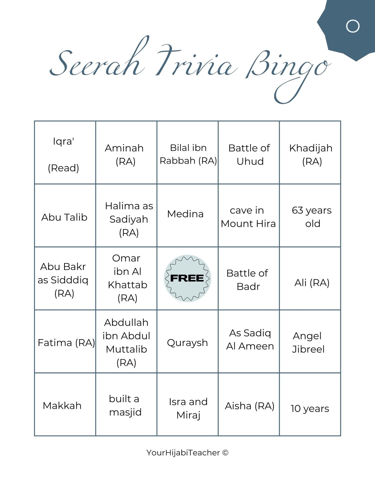 Seerah Trivia Bingo - With Flashcards