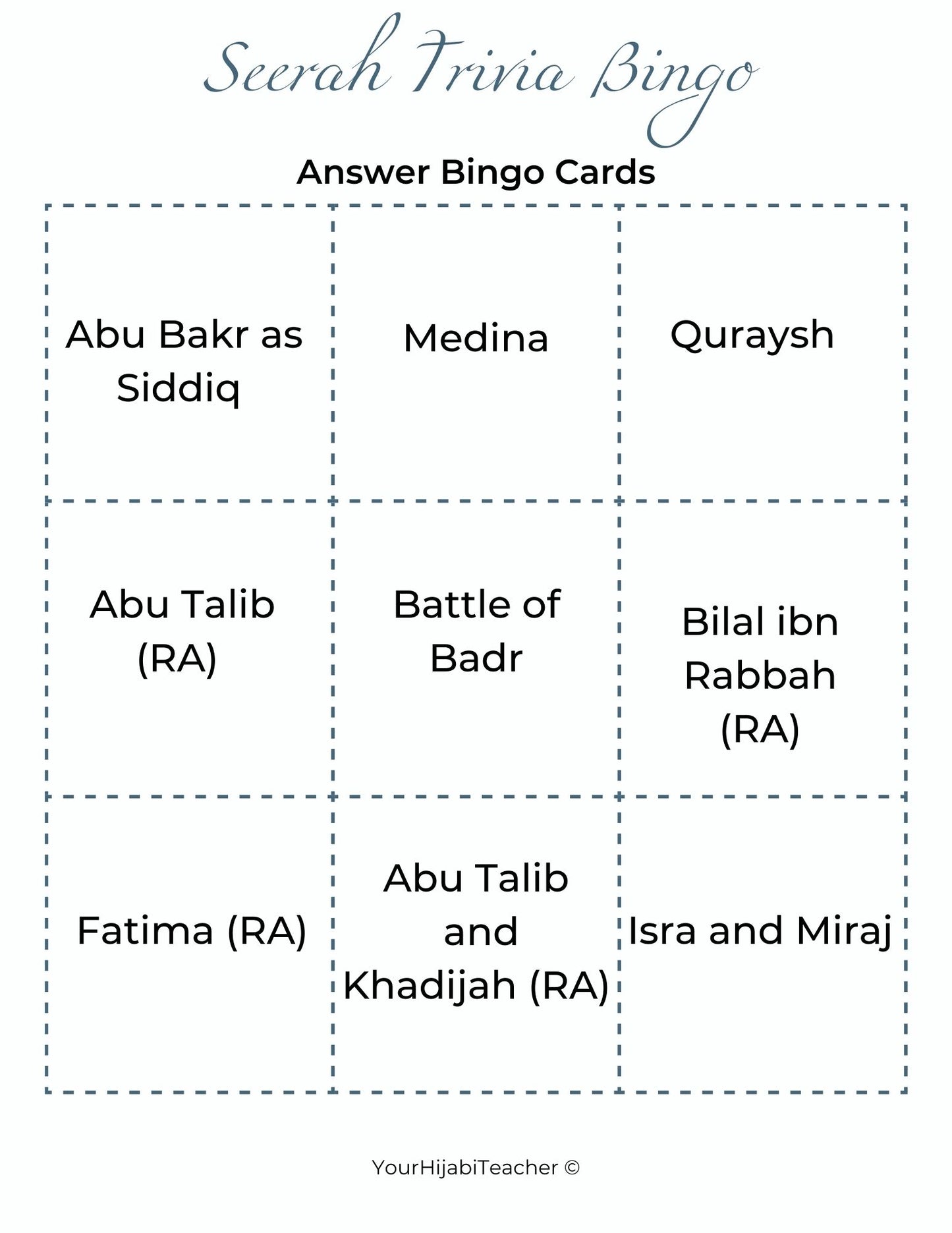 Seerah Trivia Bingo - With Flashcards