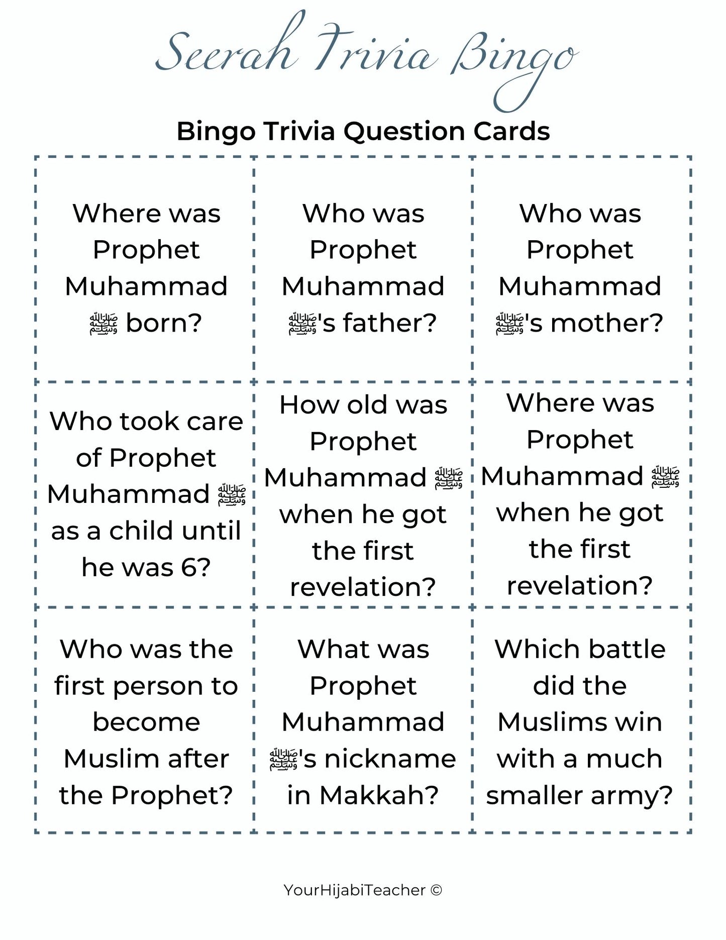 Seerah Trivia Bingo - With Flashcards