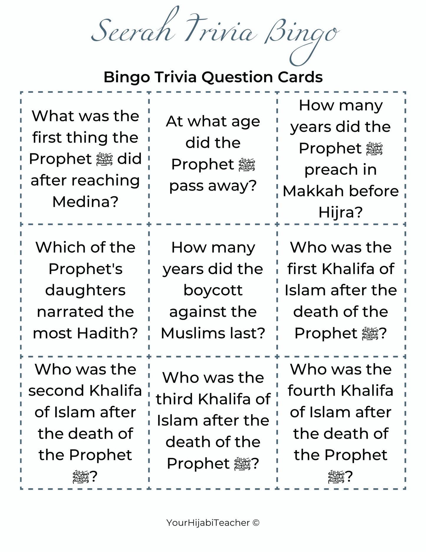 Seerah Trivia Bingo - With Flashcards