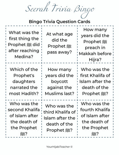 Seerah Trivia Bingo - With Flashcards