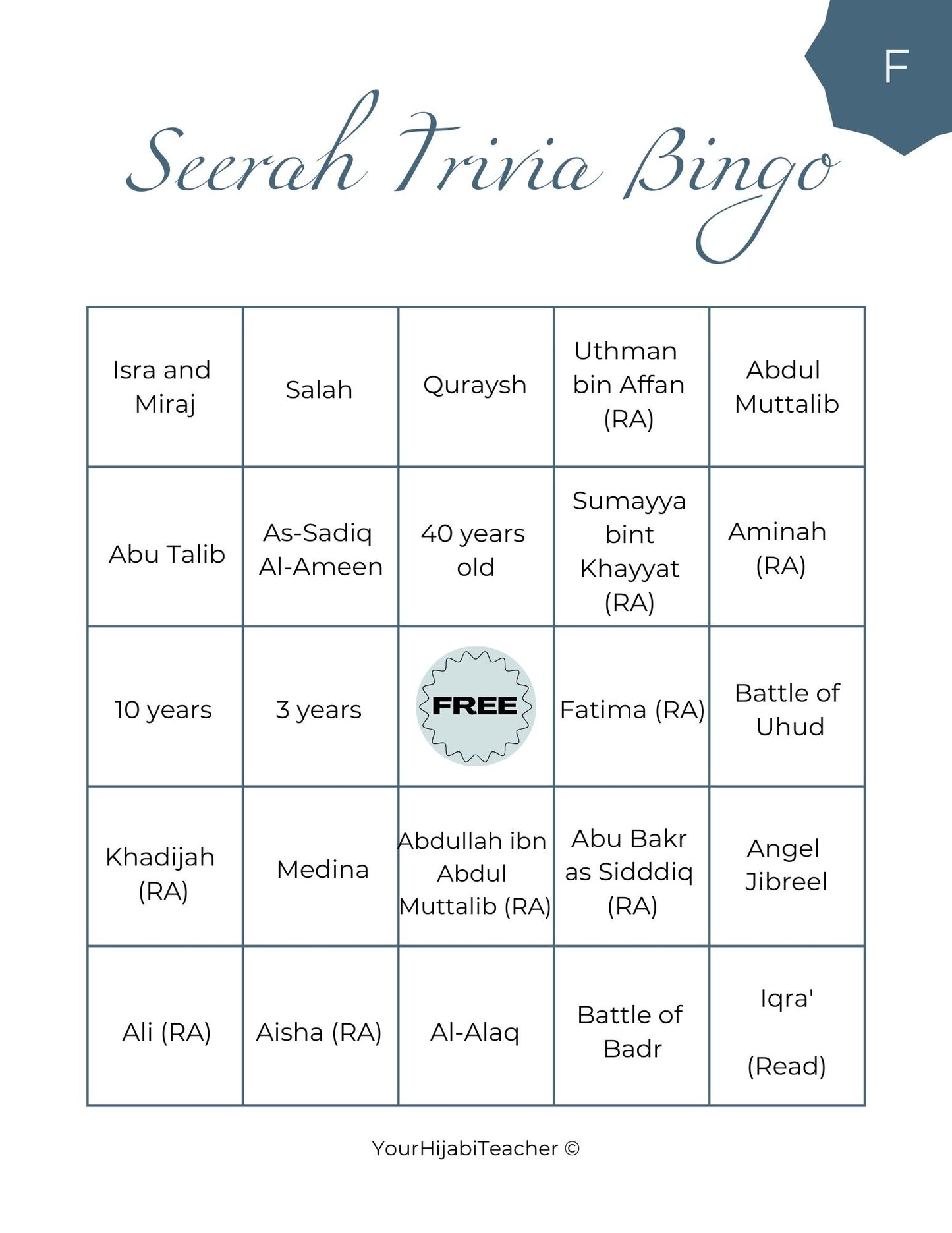 Seerah Trivia Bingo - With Flashcards