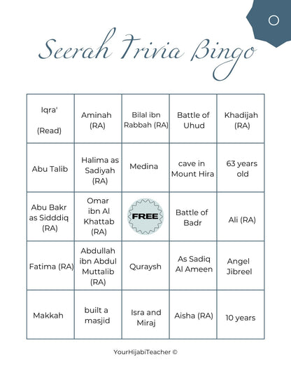 Seerah Trivia Bingo - With Flashcards