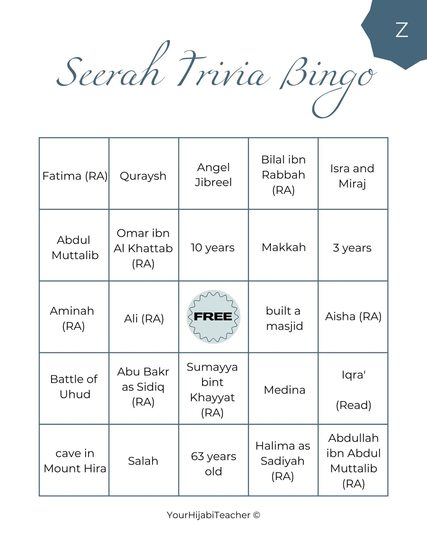 Seerah Trivia Bingo - With Flashcards